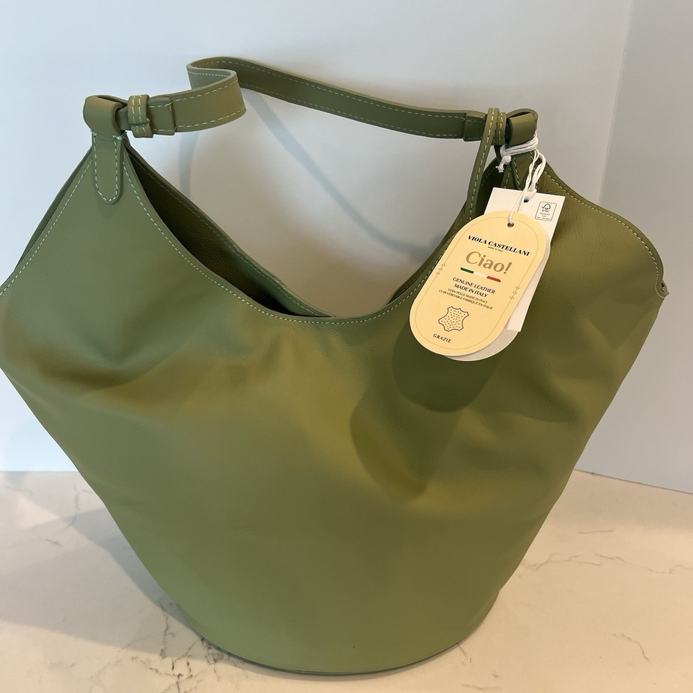 New With Tag‎ VIOLA CASTELLANI Made In Italy Green Leather Hobo With Oval Bottom - Picture 4 of 9